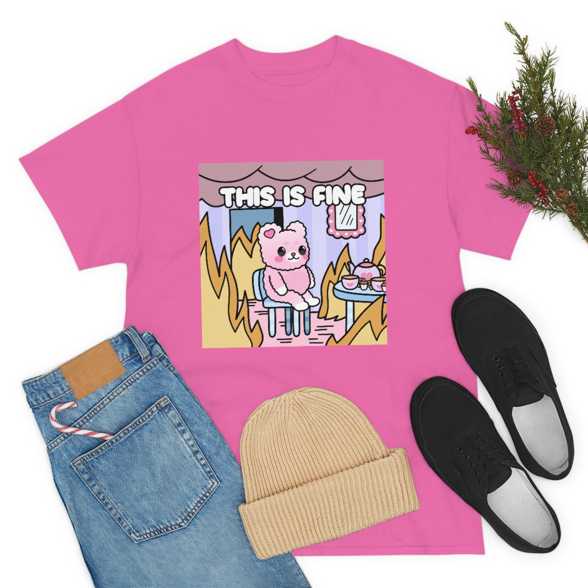 THIS IS FINE Kawaii Fluffy Bear Tee Shirt