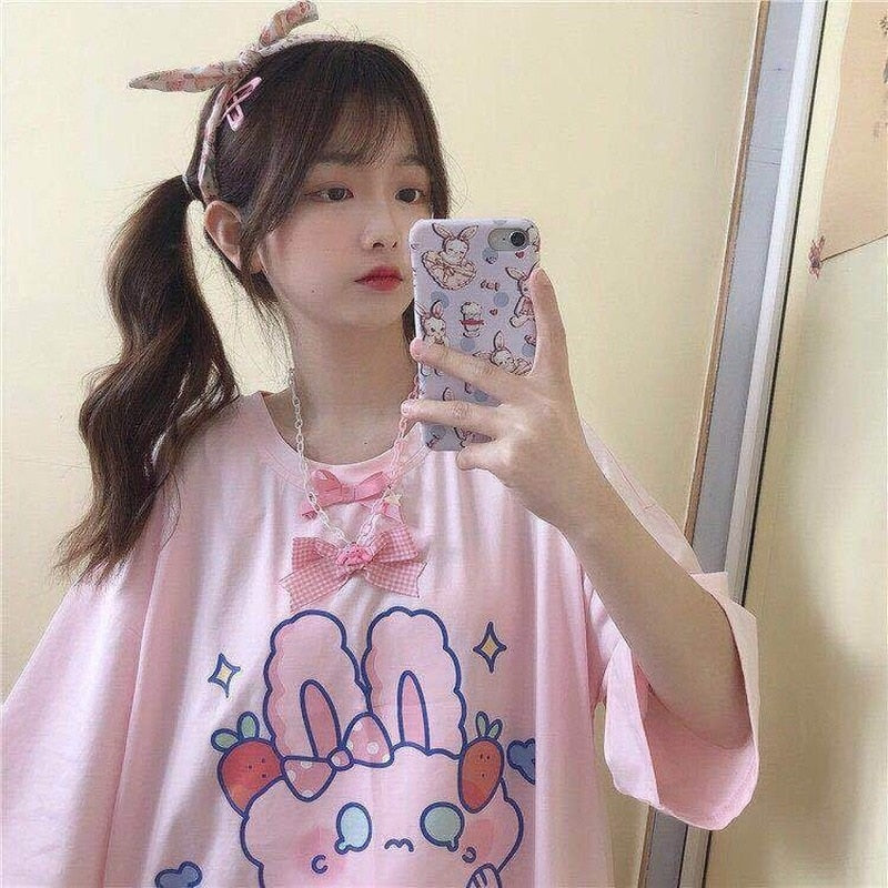 QWEEK Kawaii Tshirt Women Fashion 2021 Cute Print Tops Women Oversized T Shirt Casual Loose Cotton Pink Graphic T Shirts