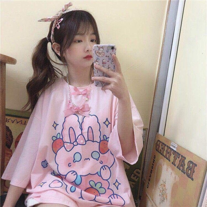 QWEEK Kawaii Tshirt Women Fashion 2021 Cute Print Tops Women Oversized T Shirt Casual Loose Cotton Pink Graphic T Shirts