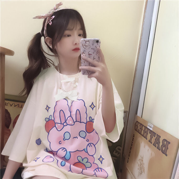 QWEEK Kawaii Tshirt Women Fashion 2021 Cute Print Tops Women Oversized T Shirt Casual Loose Cotton Pink Graphic T Shirts