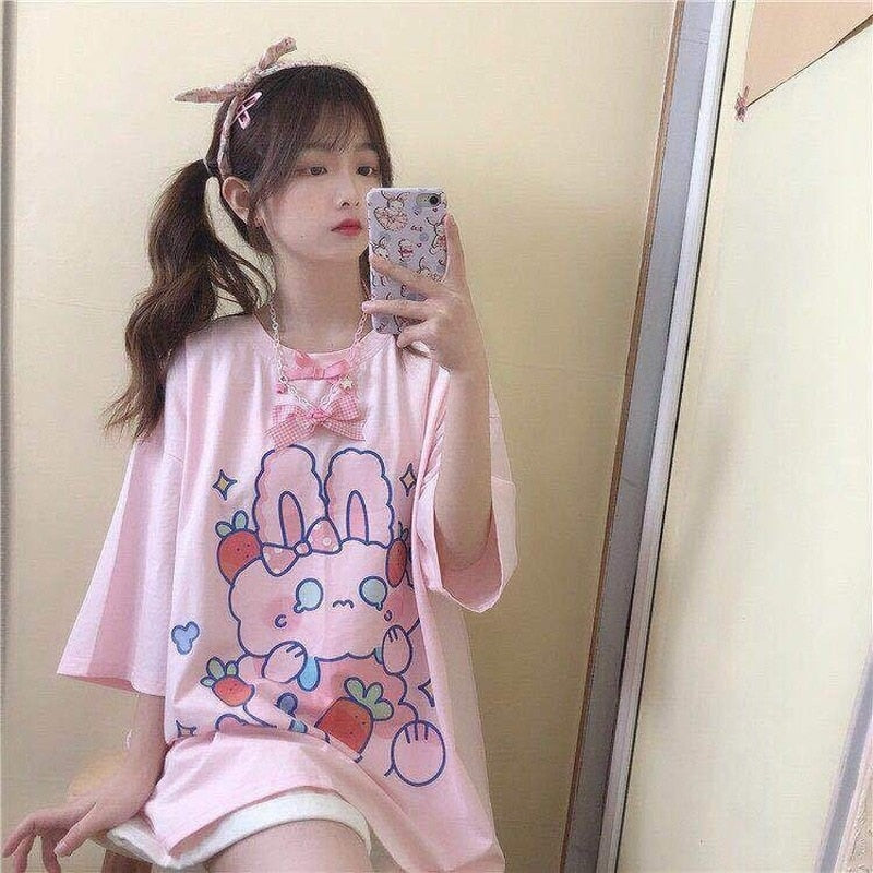 QWEEK Kawaii Tshirt Women Fashion 2021 Cute Print Tops Women Oversized T Shirt Casual Loose Cotton Pink Graphic T Shirts