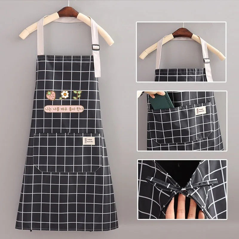 Hand apron kitchen waterproof waist adjustable apron with pocket grid apron coffee shop work apron.