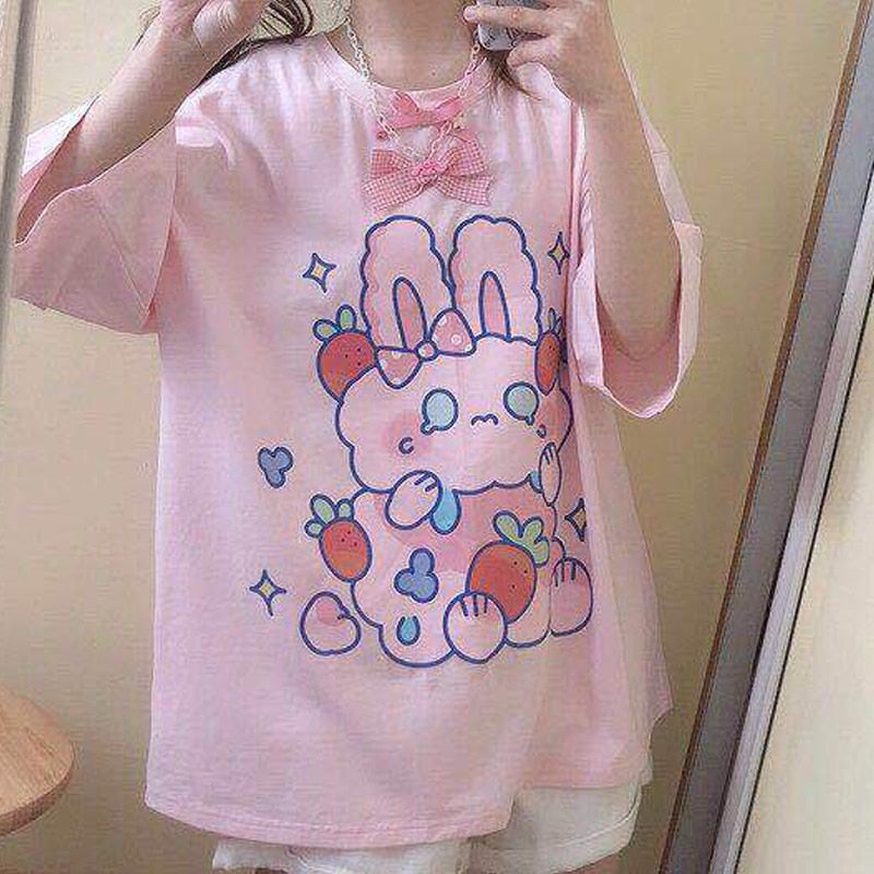 QWEEK Kawaii Tshirt Women Fashion 2021 Cute Print Tops Women Oversized T Shirt Casual Loose Cotton Pink Graphic T Shirts